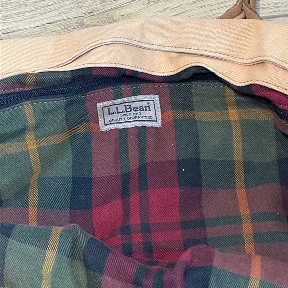 L.L. Bean Brown Green Flannel Lined Canvas Bag Boat & Tote Leather Handles - Picture 4 of 6